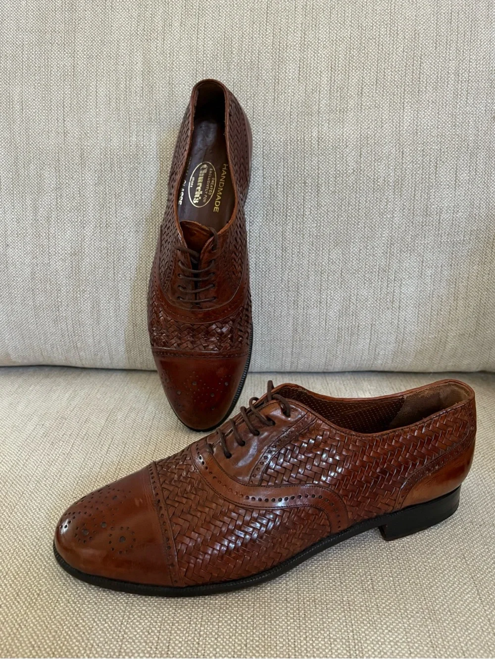 CHURCH’S Prima Classe Woven Leather Oxfords Cap Toe Brown Mens 8.5 Made in Spain